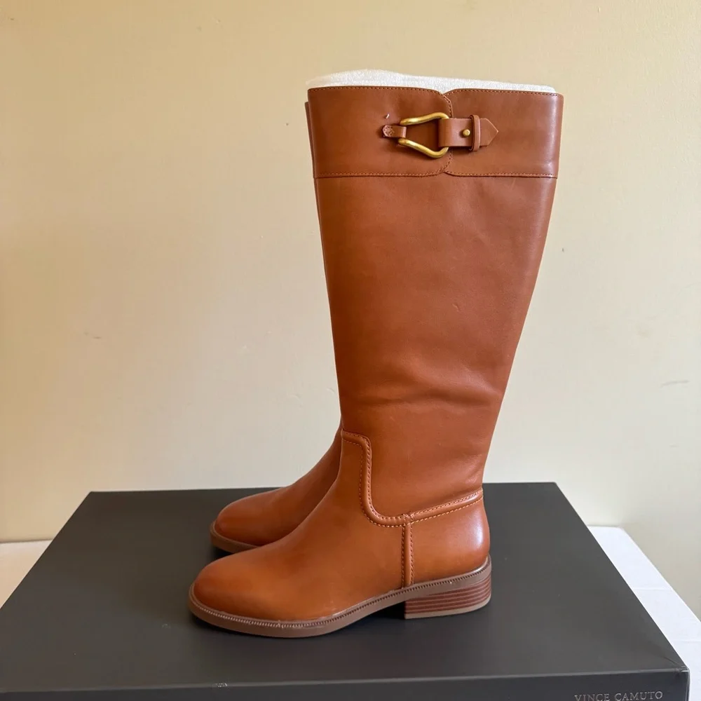 Vince Camuto Boots ANDALIAN Wide Calf Leather Riding Golden Walnut NEW